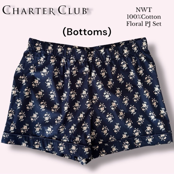 NWT Charter Club Navy Floral 100%Cotton PJ Set Top & Shorts - Picture 3 of 10